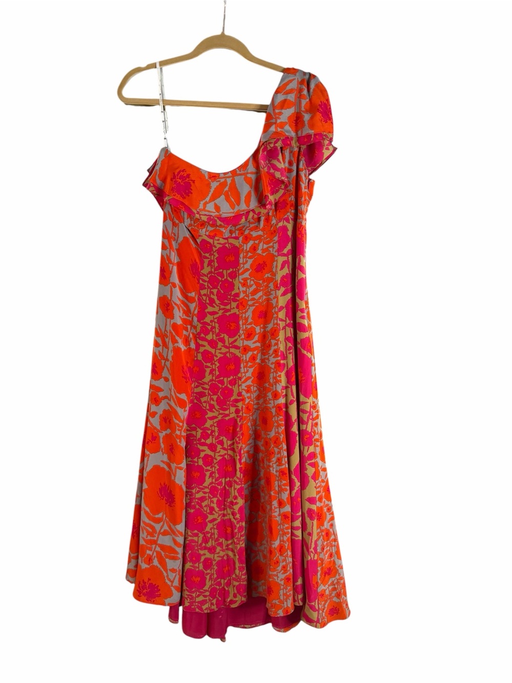 Nanette Lepore One-Shoulder Floral Midi Dress in Orange & Pink 100% Silk Sz 12